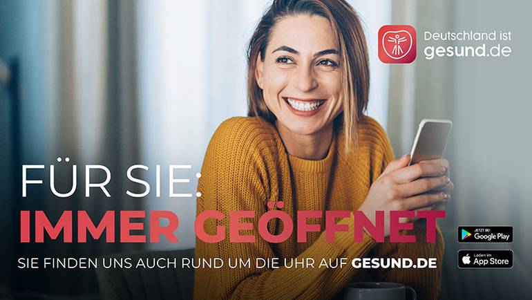 Link zu gesund.de. Bild von lächelnder Frau mit Mobil-Telefon
